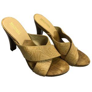 Michael Kors Women Size 8 Wooden Stacked Heel Studded Mules Tooled Leather